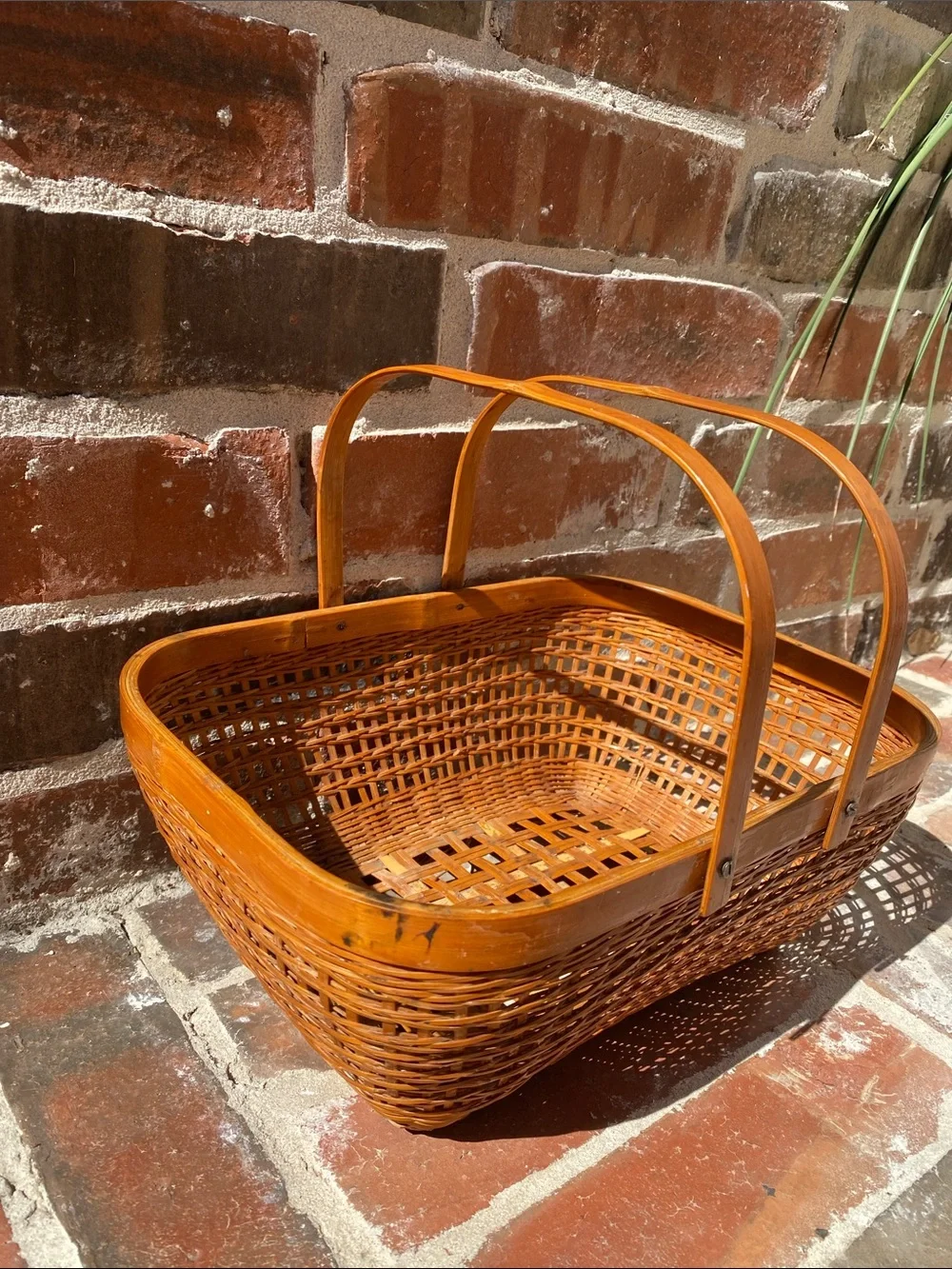 Vintage Handwoven Natural Brown Wicker Basket with Handles